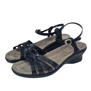 Dansko Leather Wedge Sandals, Anle Strap, Buckle, Tooled, Black, 40 / 9.5-10